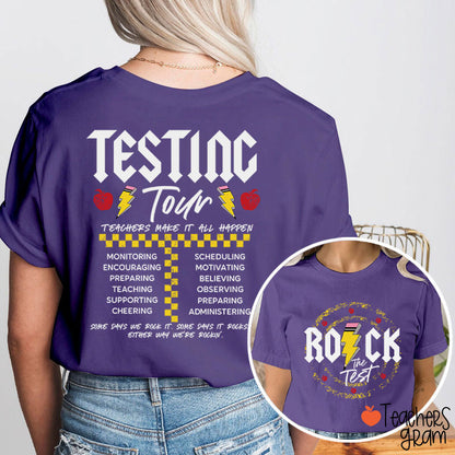 Rock The Test Testing Tour Teacher Two Sided T-Shirt
