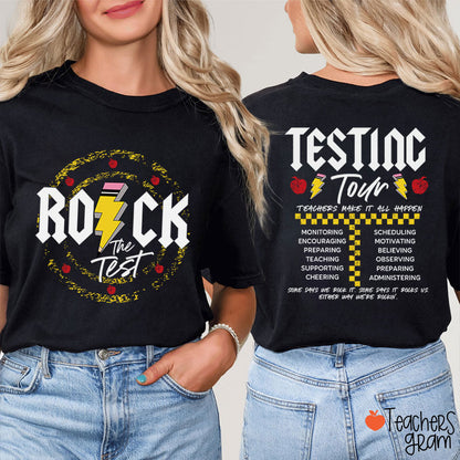 Rock The Test Testing Tour Teacher Two Sided T-Shirt