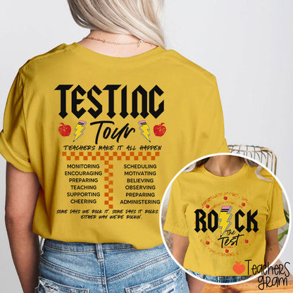 Rock The Test Testing Tour Teacher Two Sided T-Shirt