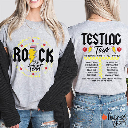 Rock The Test Testing Tour Teacher Two Sided T-Shirt