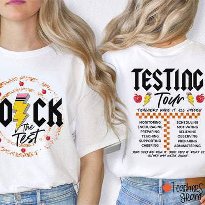 Rock The Test Testing Tour Teacher Two Sided T-Shirt